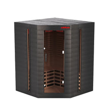 Corner infrared sauna in dark wood finish with glass door and LED lighting.