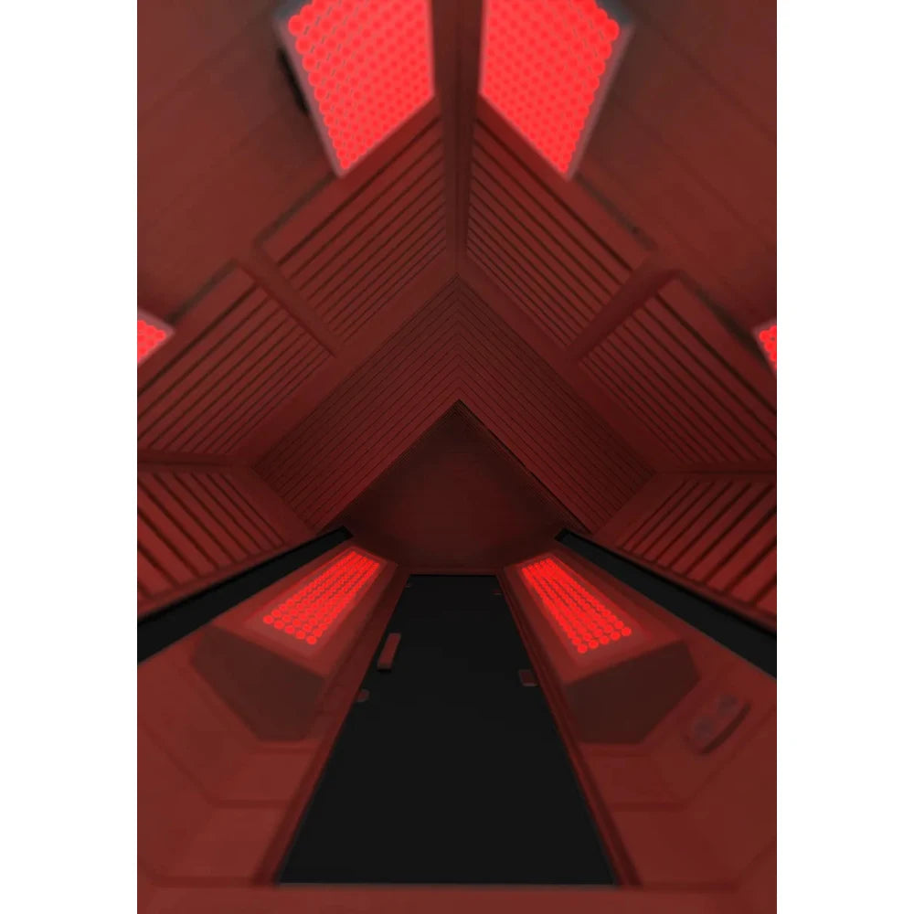 Red light therapy room with LED panels on walls and ceiling for health and wellness.