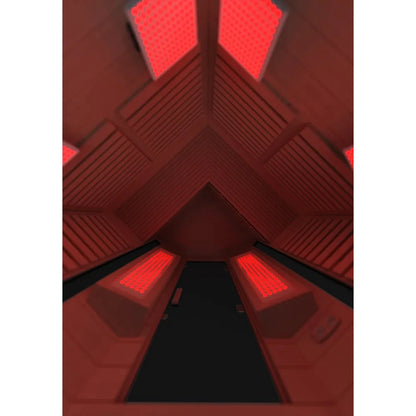 Red light therapy room with LED panels on walls and ceiling for health and wellness.