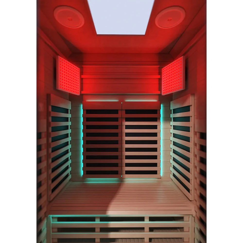 Infrared sauna with red and blue LED lights, wooden slat interior for relaxation.