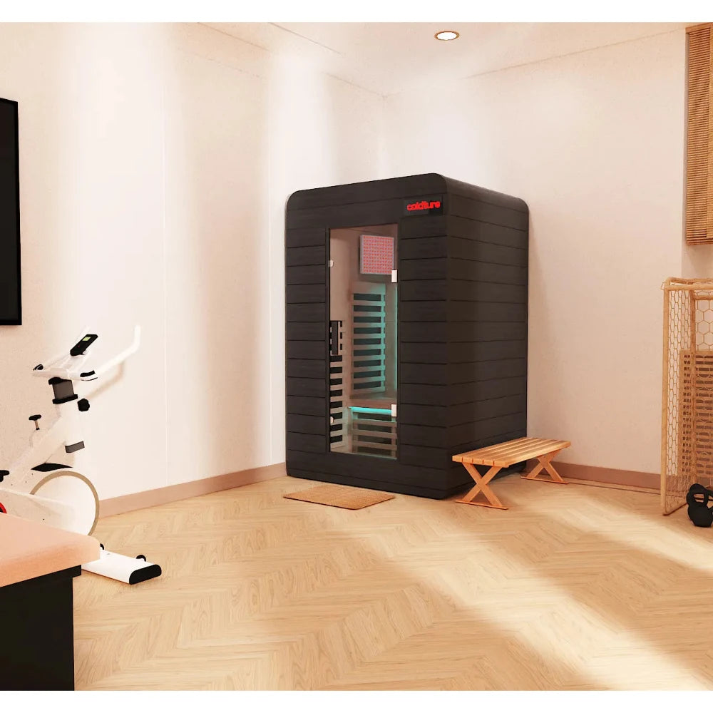 Calmature infrared sauna in black, featuring a modern design for home wellness and relaxation.
