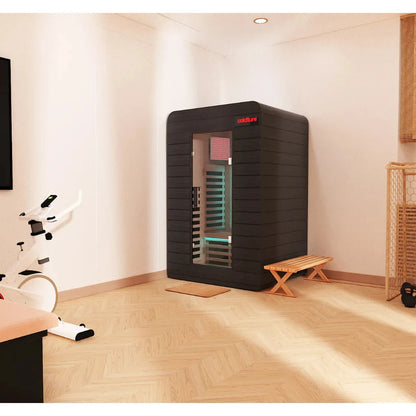 Calmature infrared sauna in black, featuring a modern design for home wellness and relaxation.