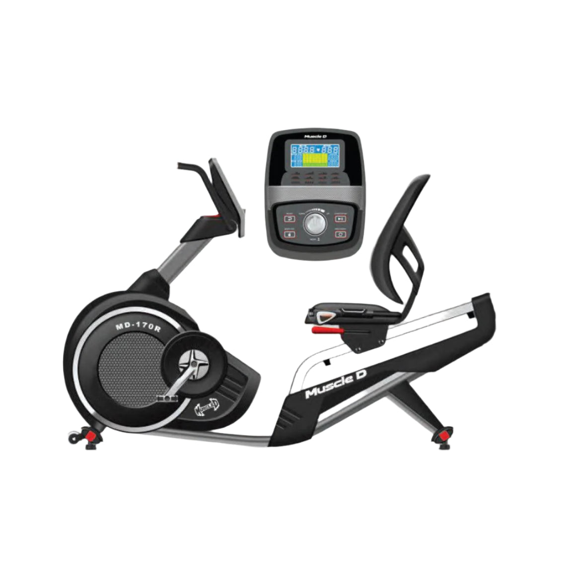 Muscle D MD-170R commercial home recumbent exercise bike with console.