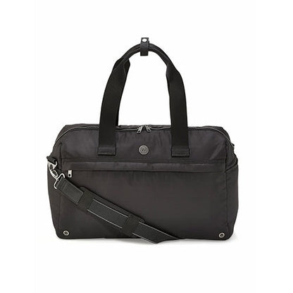 Black laptop duffel bag with top handles and detachable shoulder strap.