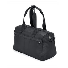 Black laptop duffel bag with top zipper and dual carry handles.