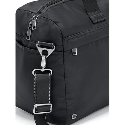 Black laptop duffel bag with silver hardware and adjustable strap.