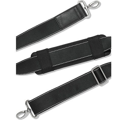 Black padded shoulder strap with white stitching and metal clips.