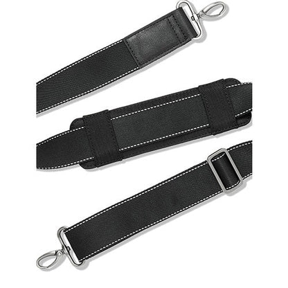 Black padded shoulder strap with white stitching and metal clips.
