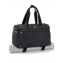 Black laptop duffel bag with a rolled yoga mat underneath and front pocket.