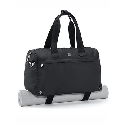 Black laptop duffel bag with a rolled yoga mat underneath and front pocket.