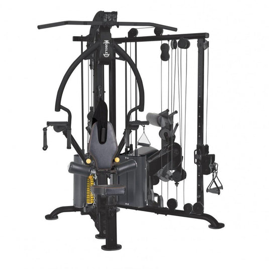 Multi-station home gym with leg extension and pulley system.