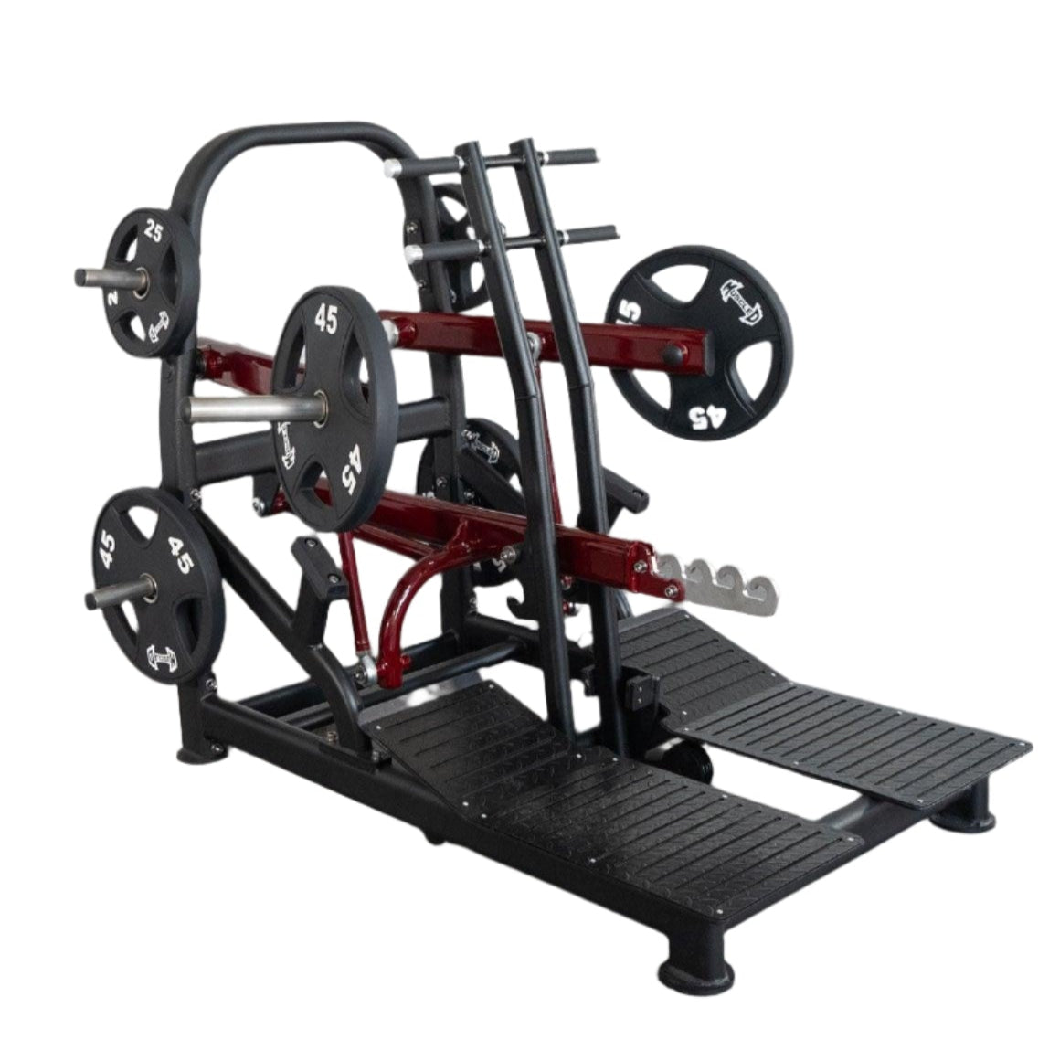Weight training machine with weight plates and dual foot platforms.