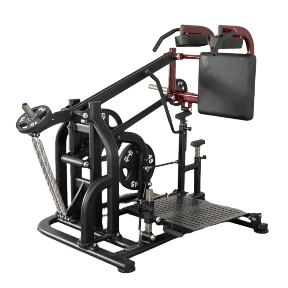 Compact leg extension machine with back pad and weight plates.