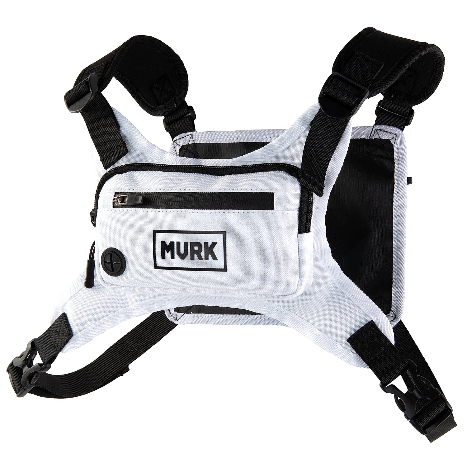 White and black harness with 'MVRK' branding on a white background