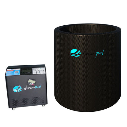 Dreampod Cold Plunge Barrel Flex with a control unit, featuring a sleek black design and the Dreampod logo.