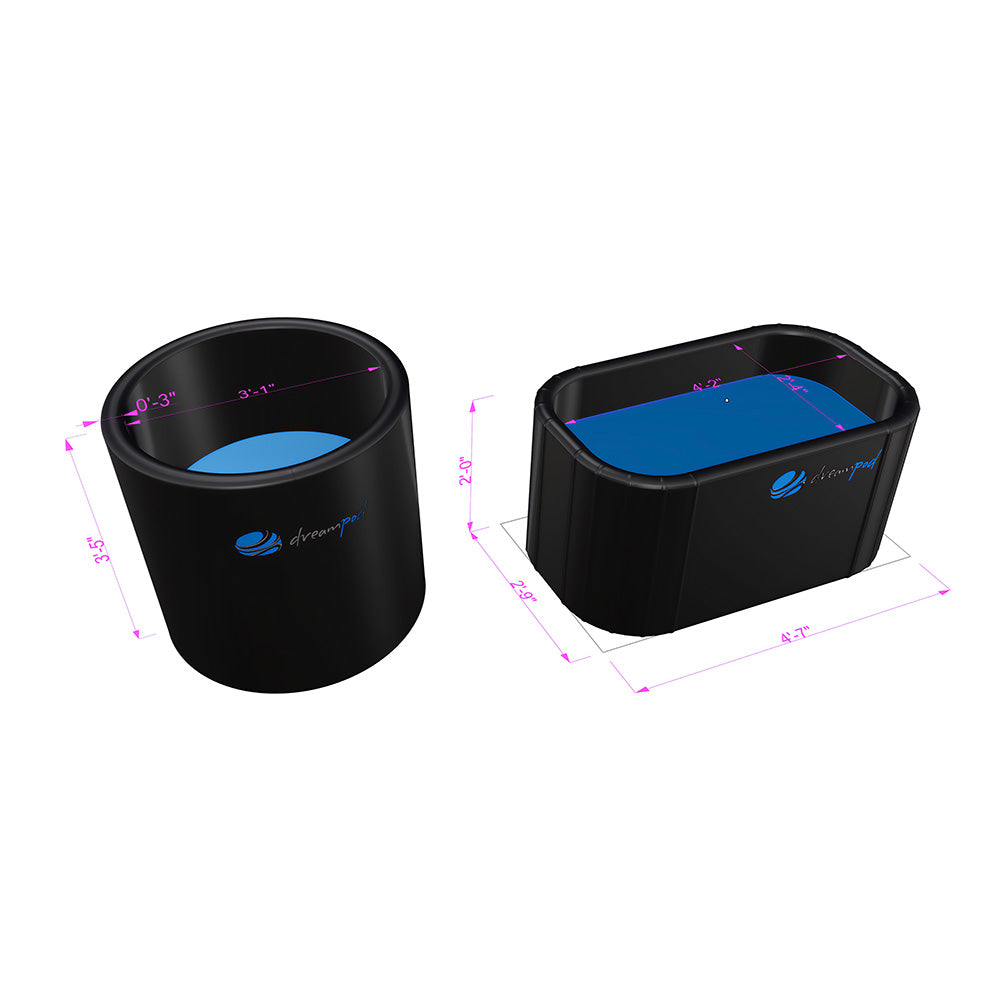 Dreampod Cold Plunge Barrel Flex featuring two designs, one round and one rectangular, with dimensions indicated in pink on a black background.