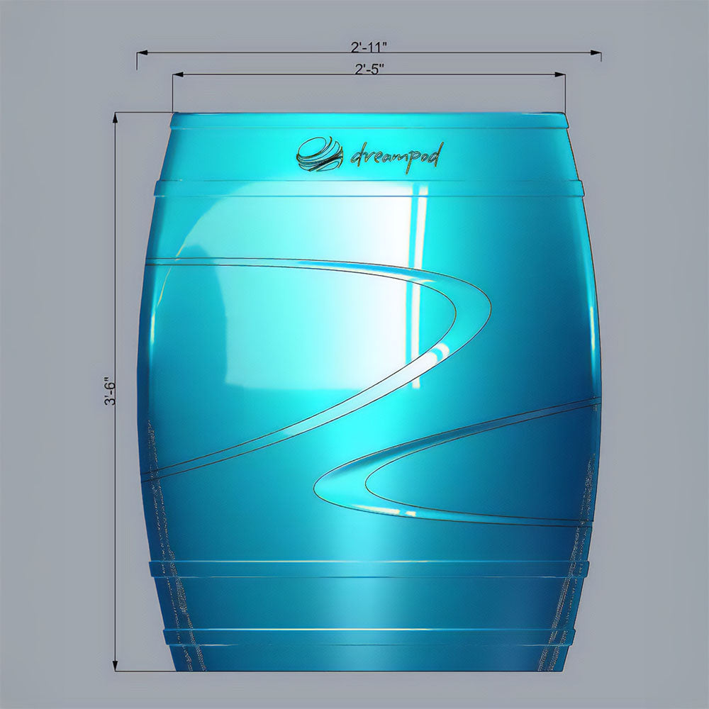 Dreampod Cold Plunge Barrel with dimensions 2'11'' width, 2'5'' length, and 3'6'' height, featuring a sleek blue design.