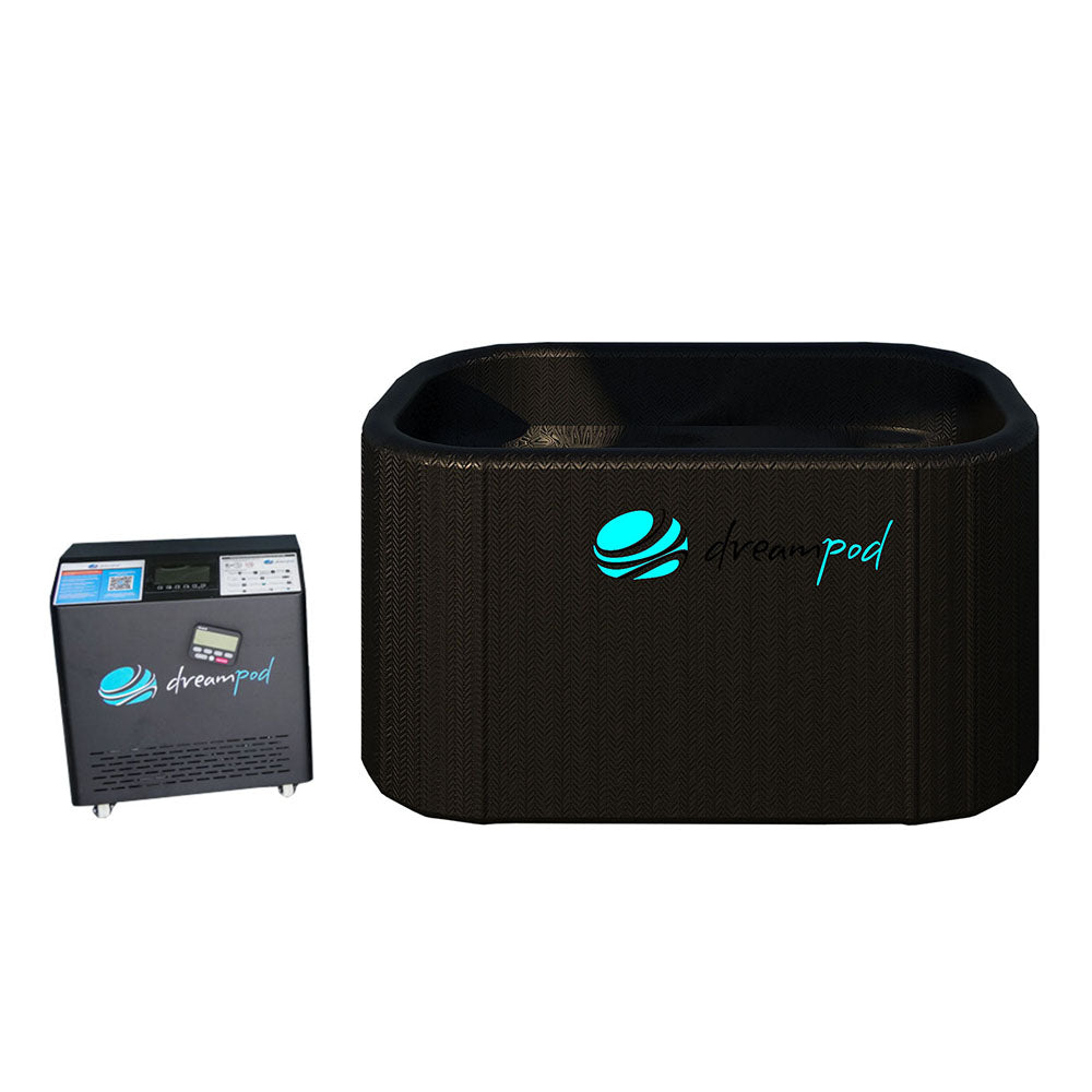 Dreampod Cold Plunge Flex, featuring a rectangular black plunge tub and a compact control unit.