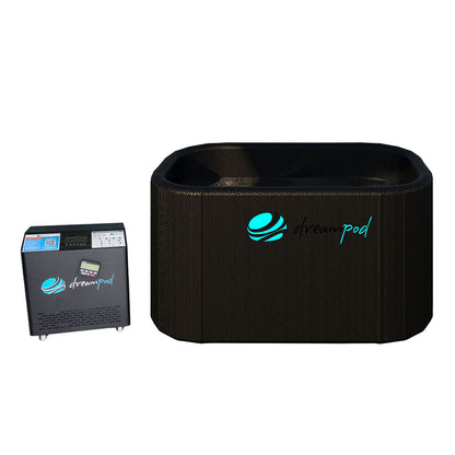 Dreampod Cold Plunge Flex, featuring a rectangular black plunge tub and a compact control unit.