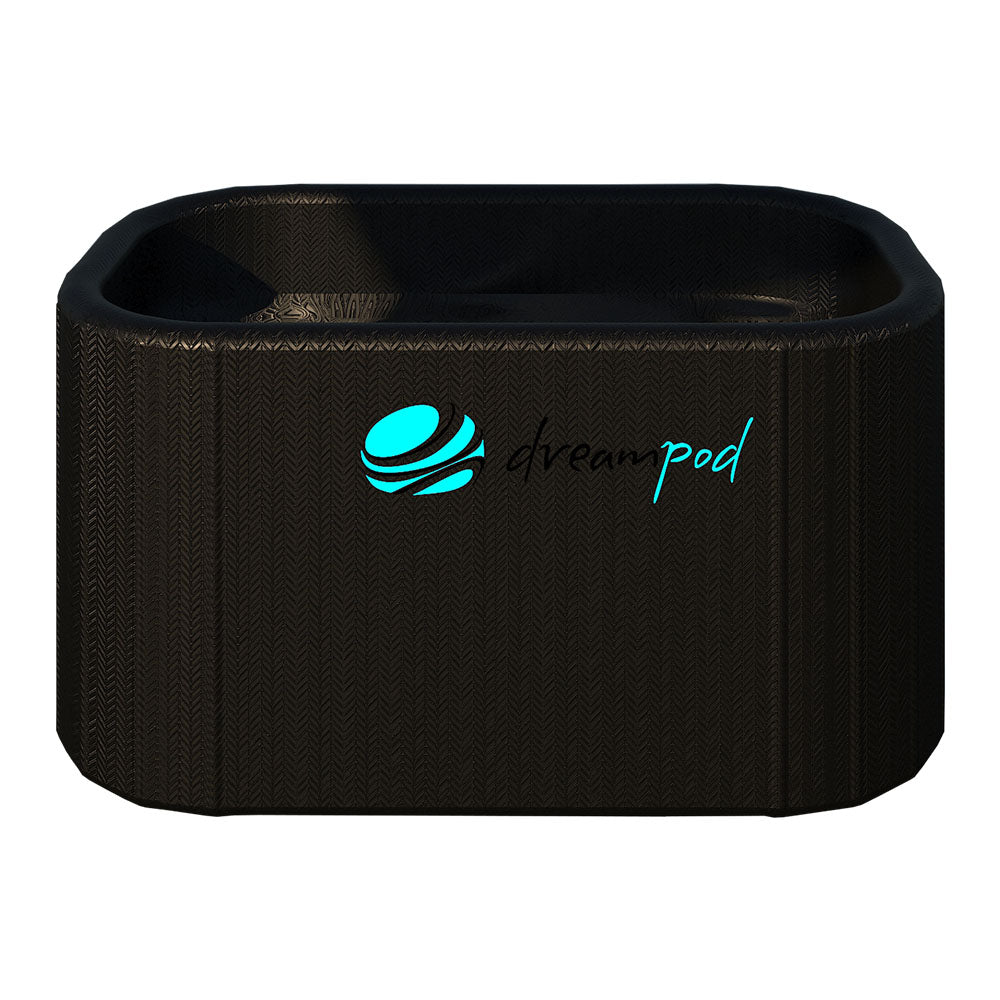 Dreampod Cold Plunge Flex, a sleek black cold plunge tub with a modern design and the Dreampod logo.