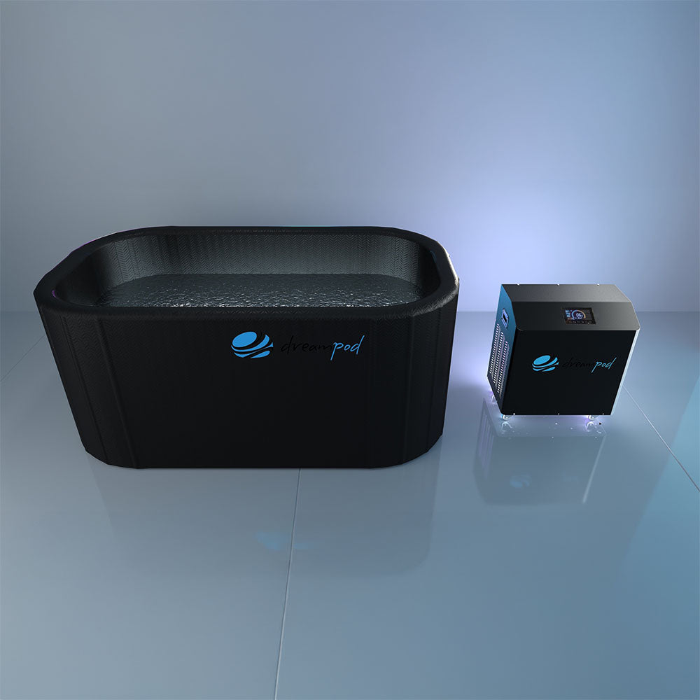 Dreampod Cold Plunge Flex, a sleek black plunge tub filled with water, positioned beside a compact cooling unit, set against a minimalist background.