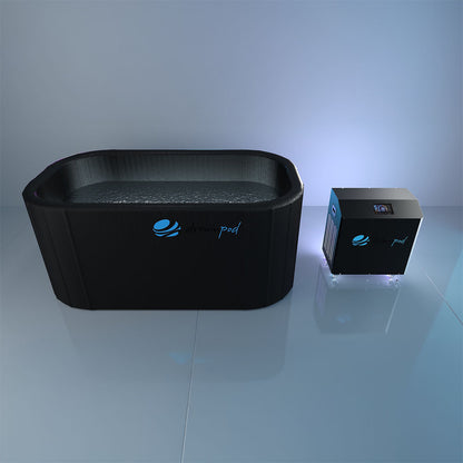 Dreampod Cold Plunge Flex, a sleek black plunge tub filled with water, positioned beside a compact cooling unit, set against a minimalist background.