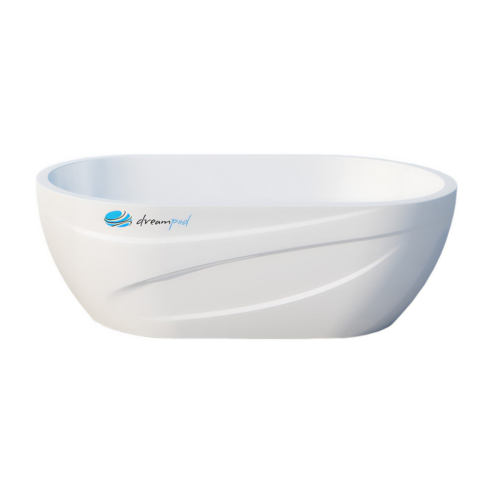 Dreampod Commercial Cold Plunge, a sleek white soaking tub with a smooth design and the Dreampod logo.