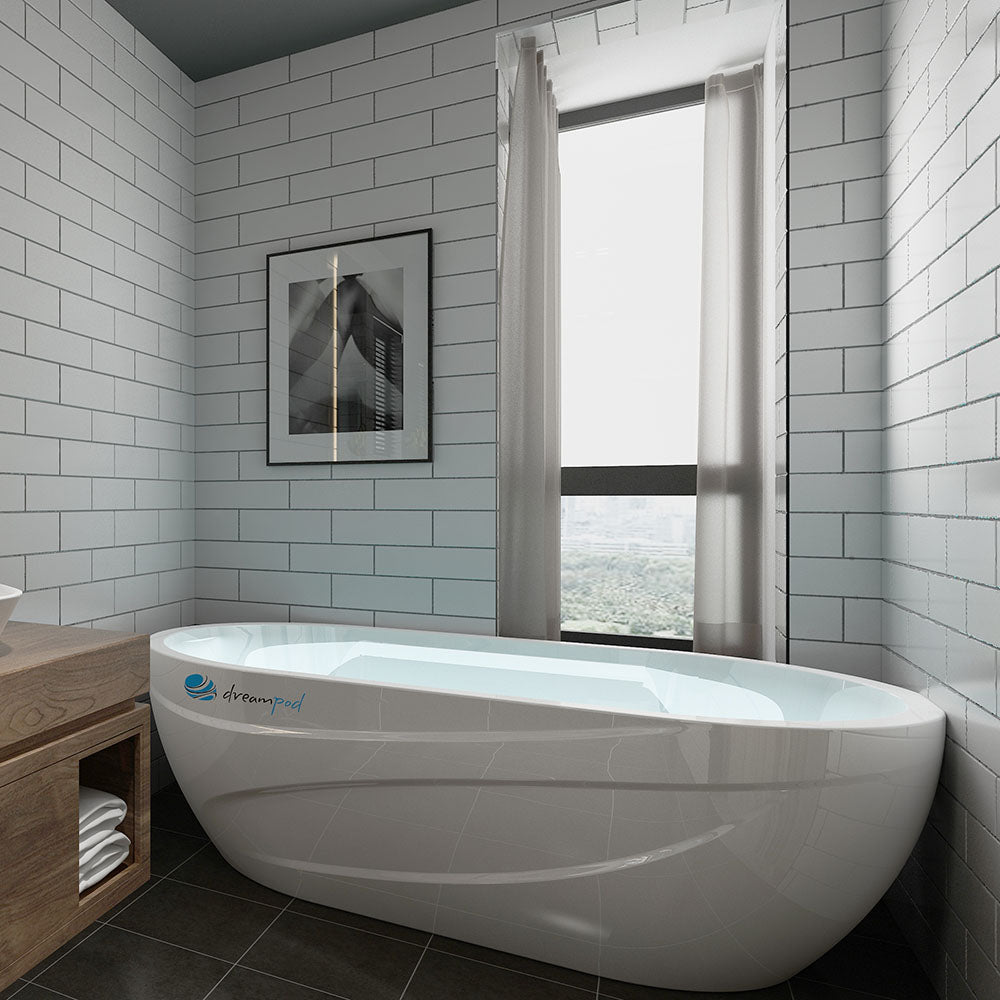 Dreampod Commercial Cold Plunge in a modern bathroom setting with large window and contemporary decor.
