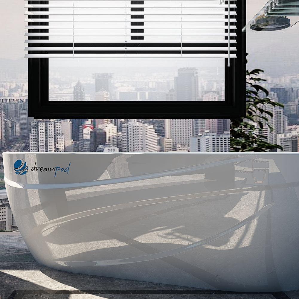 Dreampod Commercial Cold Plunge with a city skyline view through a window and modern blinds.