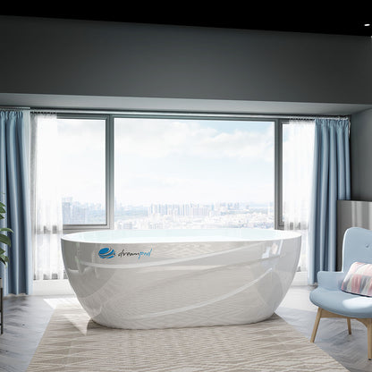 A bright and modern room featuring a Dreampod Commercial Cold Plunge tub, large windows with a city view, and light-colored furnishings, including a blue chair and patterned rug.