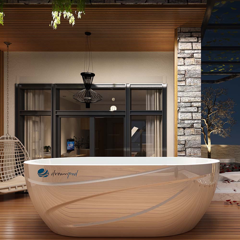 Dreampod Commercial Cold Plunge tub displayed in a modern indoor setting with wooden flooring and large windows.