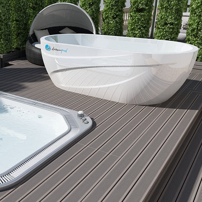 Dreampod Commercial Cold Plunge displayed on a wooden deck, with a sleek, modern design and a nearby hot tub.