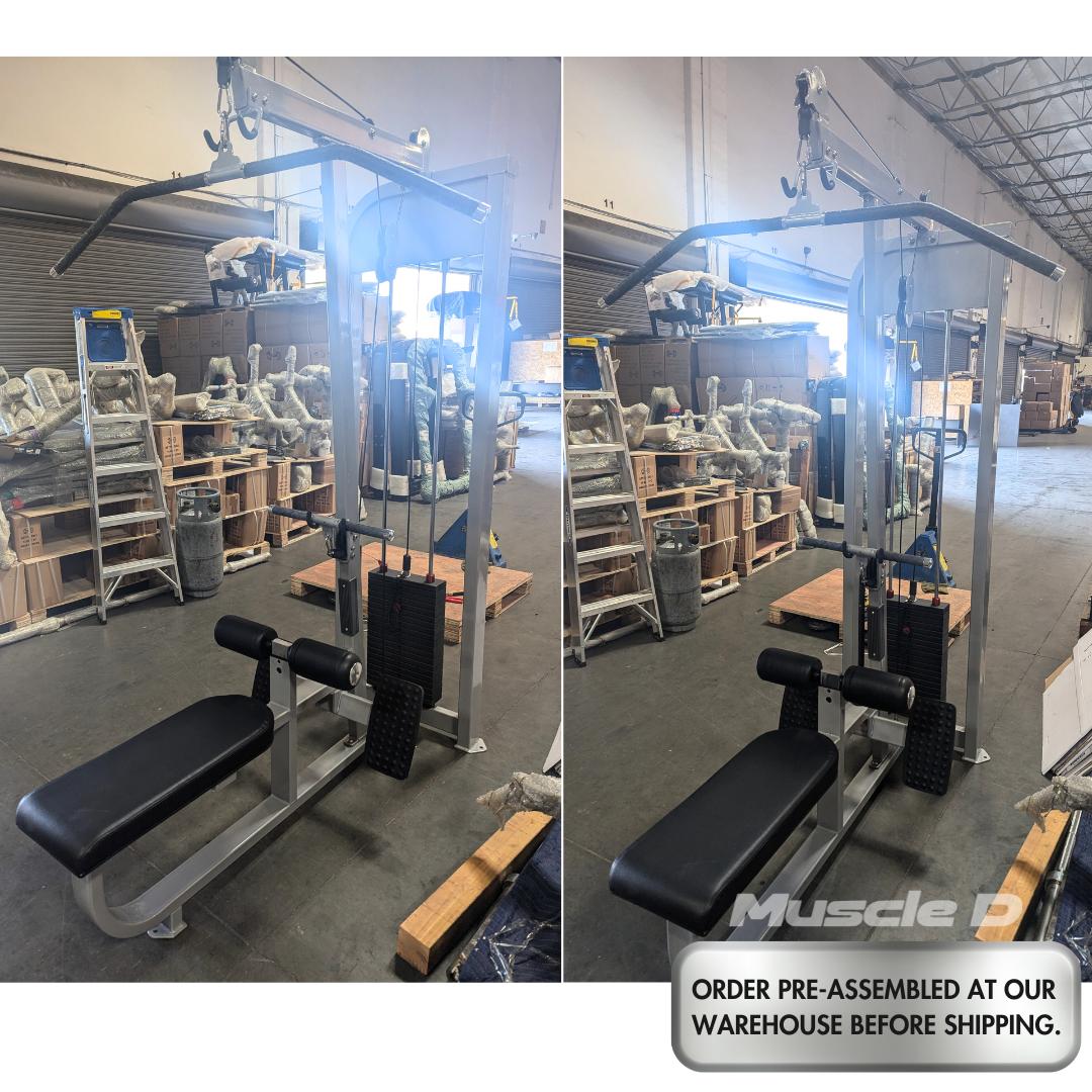 Muscle D lat pulldown machine in warehouse, pre-assembled for shipping.