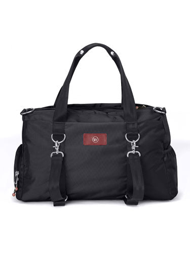 Black duffel bag with dual handles and side pockets.