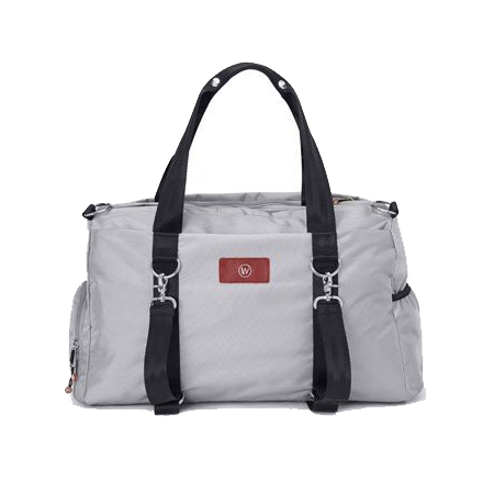 Gray duffel bag with black handles and straps, front view.