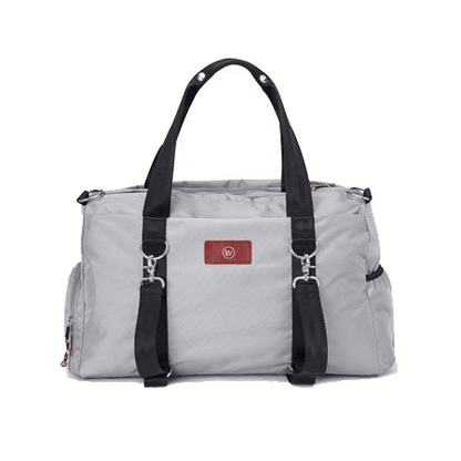 Gray duffel bag with black handles and straps, front view.
