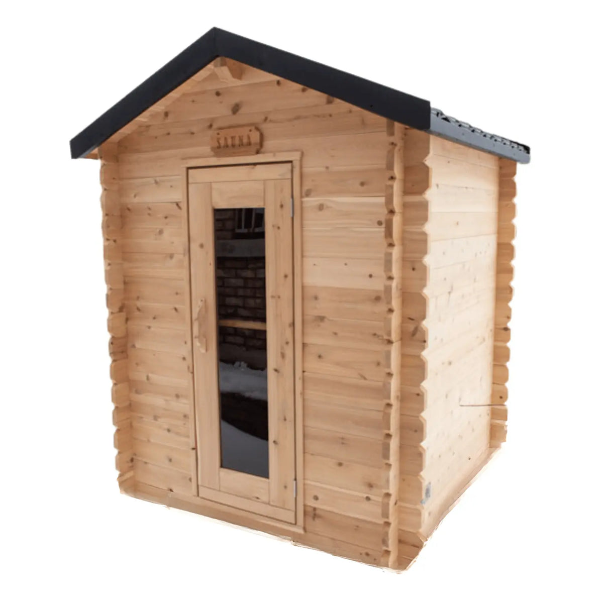 Small wooden log cabin sauna with glass door and black roof trim.