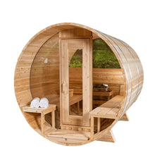 Wooden barrel sauna with glass door and inside benches.