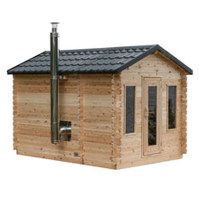 Wooden outdoor sauna cabin with metal chimney and glass door.