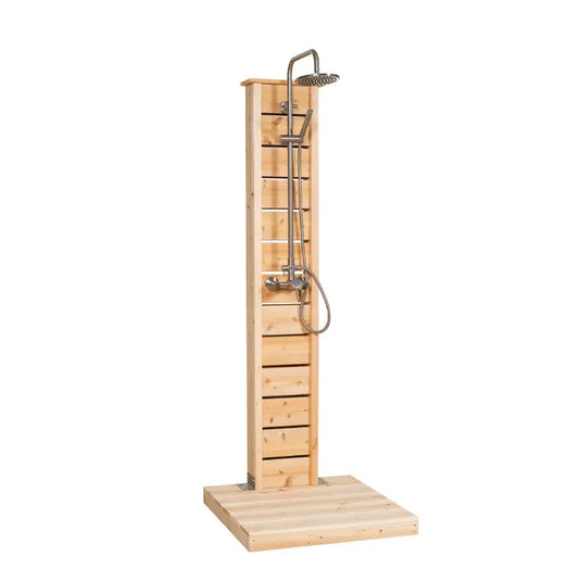 Pine wood outdoor shower pillar with metal shower head and hose.