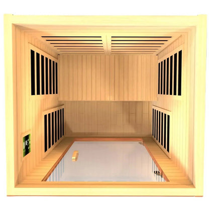 Interior view of the Dynamic Avila 1-2 Person Far Infrared Sauna, showcasing wooden paneling and seating area.