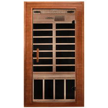 Dynamic Avila 1-2 Person Far Infrared Sauna with wooden exterior and glass door, showcasing the interior design and seating arrangement.