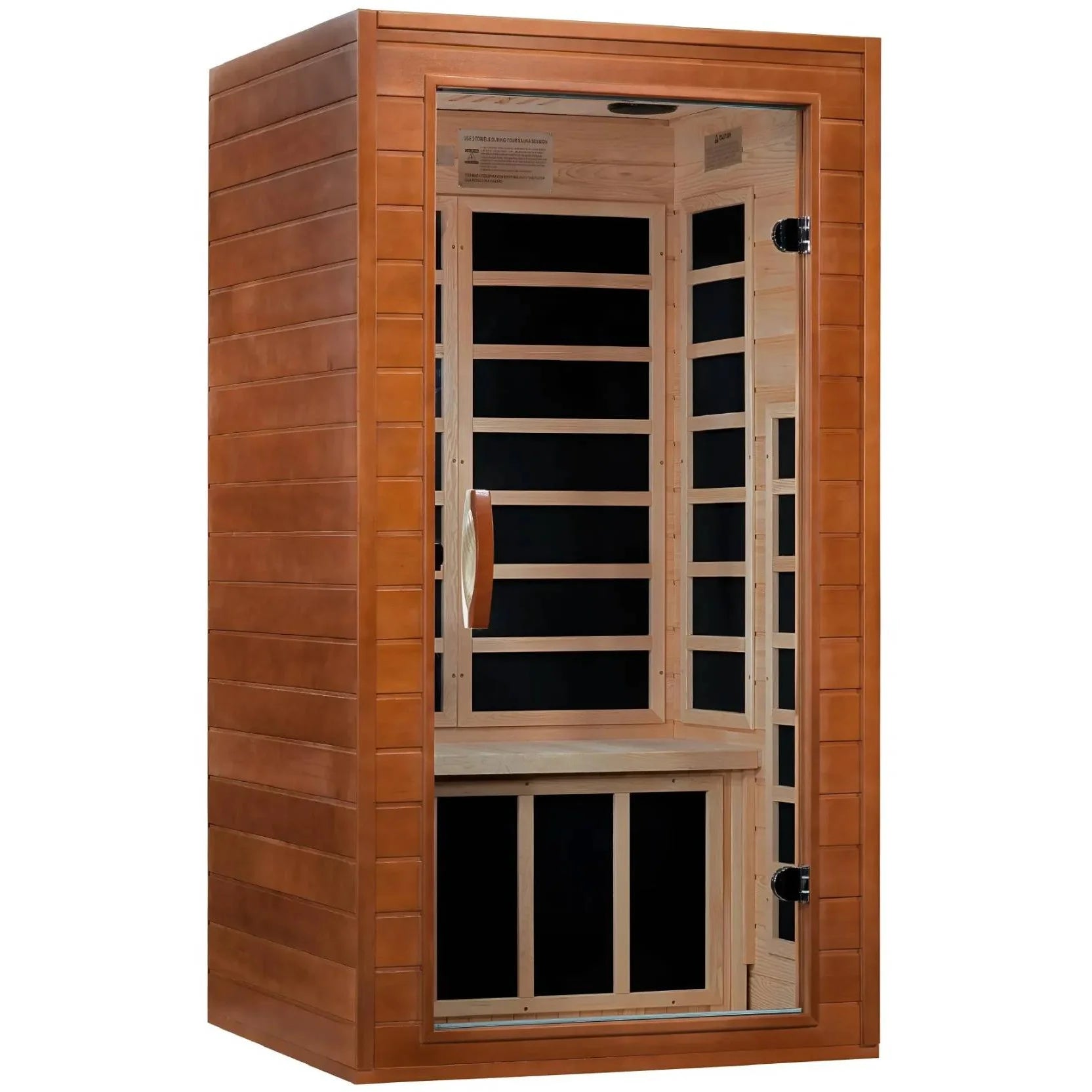 Dynamic Avila 1-2 Person Far Infrared Sauna with a wooden exterior and glass door, showcasing the interior design.