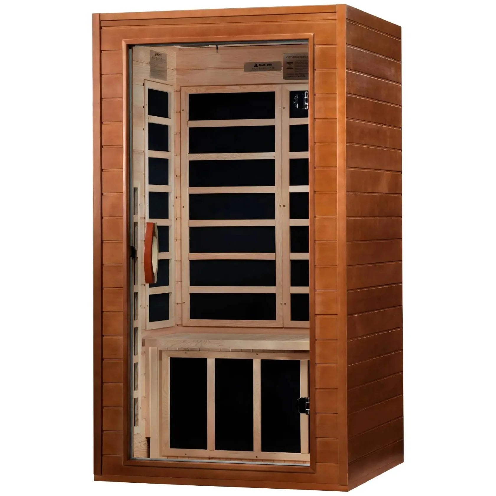 Dynamic Avila 1-2 Person Far Infrared Sauna featuring a wooden exterior and an interior with seating and infrared heating panels.