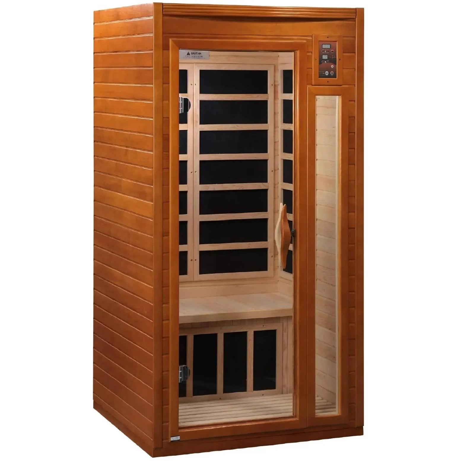 Dynamic Barcelona 1-2 Person Far Infrared Sauna with wooden exterior and glass door, showcasing the interior seating and heating panels.