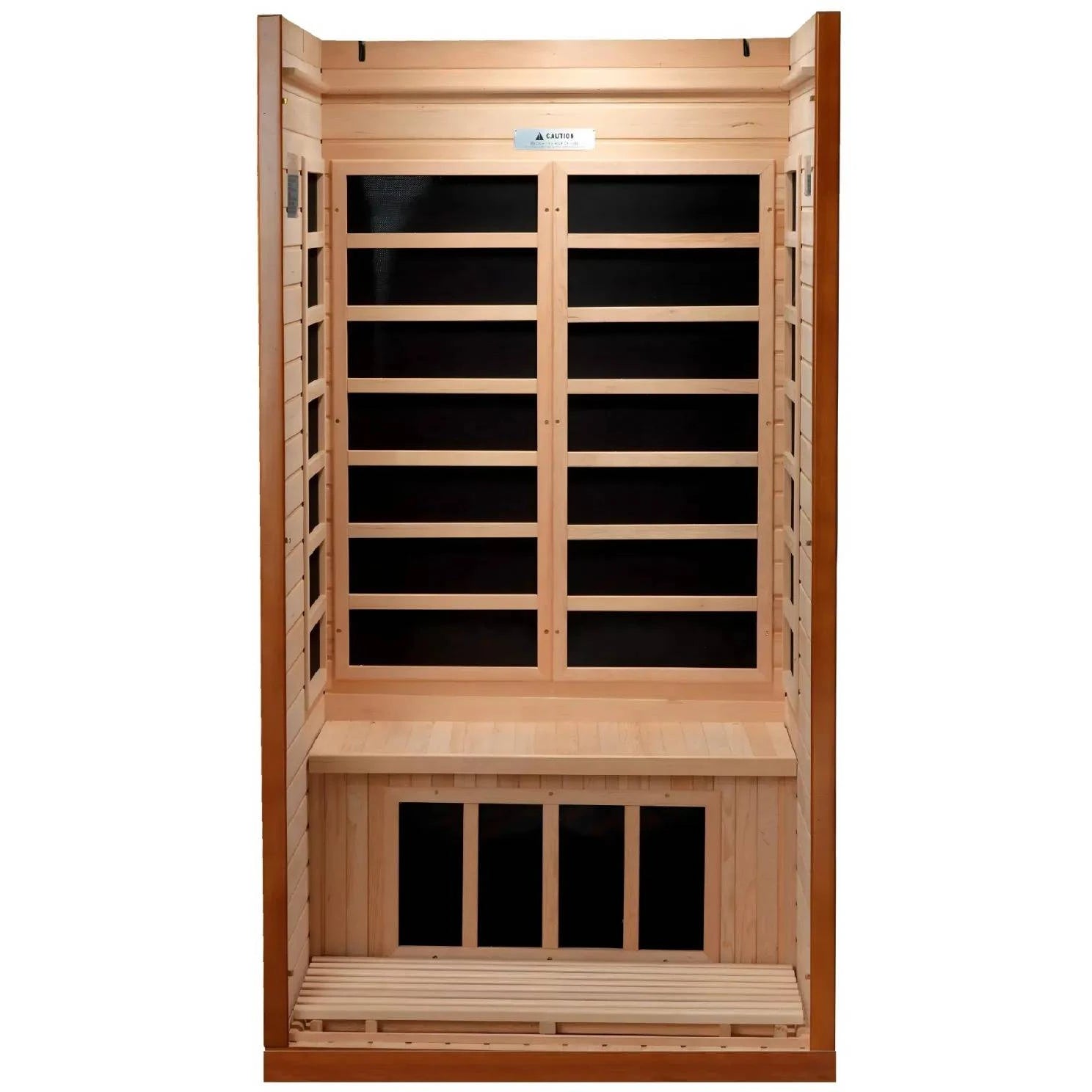 Dynamic Barcelona 1-2 Person Far Infrared Sauna featuring a wooden interior with shelves and seating.