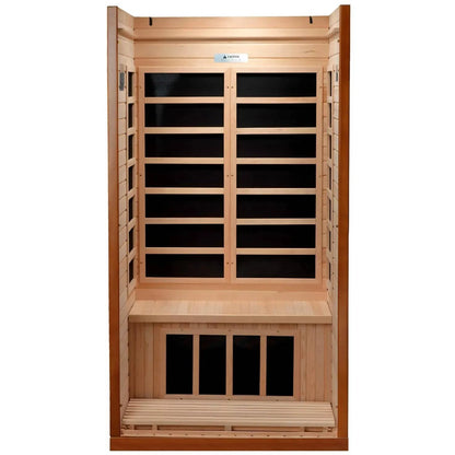 Dynamic Barcelona 1-2 Person Far Infrared Sauna featuring a wooden interior with shelves and seating.
