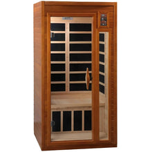 Dynamic Barcelona 1-2 Person Far Infrared Sauna, featuring a wooden exterior and glass door, showcasing the interior seating and heating panels.