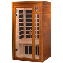 Dynamic Barcelona 1-2 Person Far Infrared Sauna, featuring a wooden exterior, glass door, and interior bench seating.