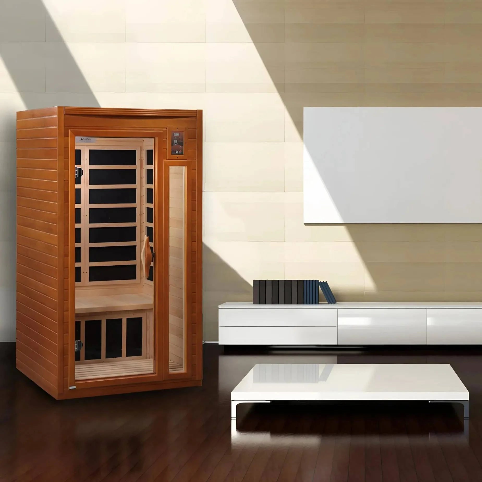 Dynamic Barcelona 1-2 Person Far Infrared Sauna in a modern interior setting with wooden flooring and minimalist furniture.